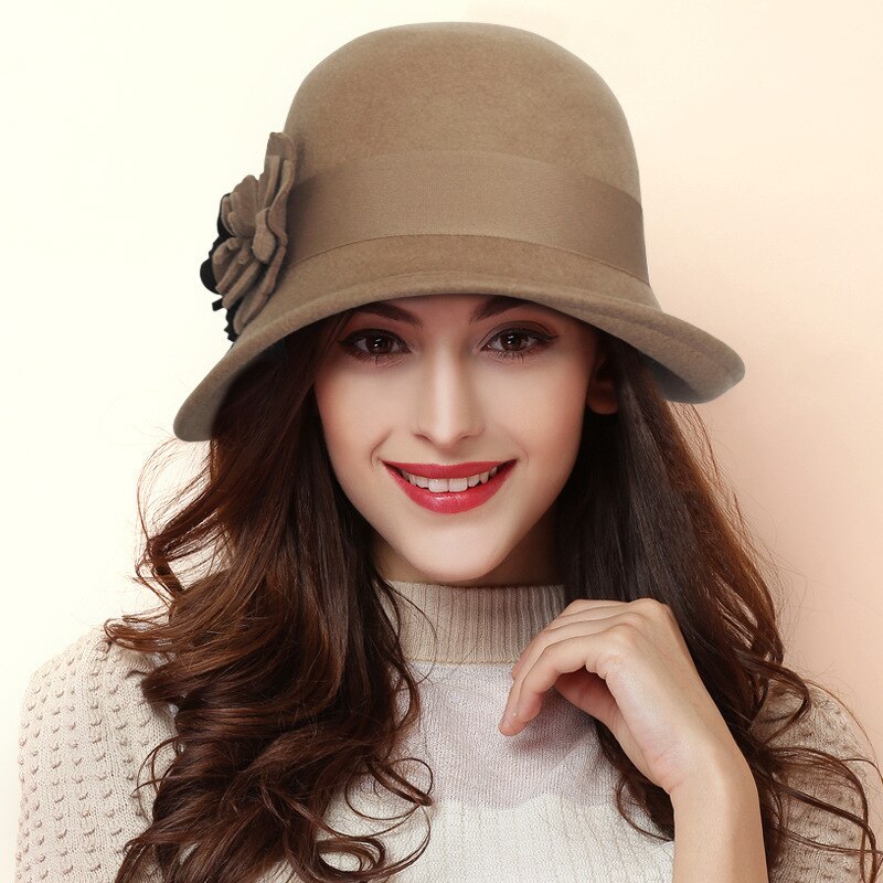 100%  australiensisk svart ullfilt fedora hattar för kvinnor vintage brett kant vinter kyrka cloche derby hatt fedoras blomma mössa