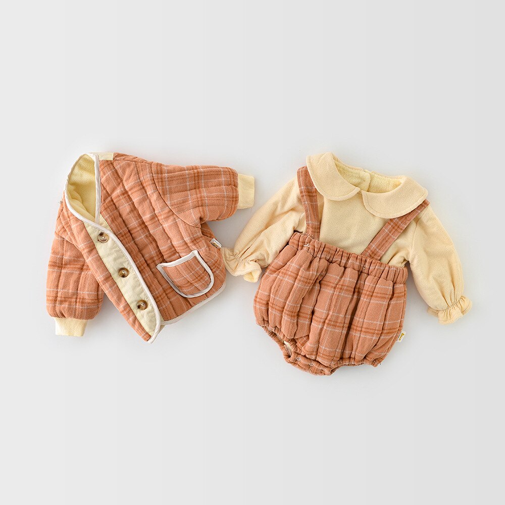 Baby Korean Boys Girls Rompers +Coat Two Piece Sets Cotton Padded Long Sleeve Quilted Plaid Floral Jacket Winter Warm Jumpsuits