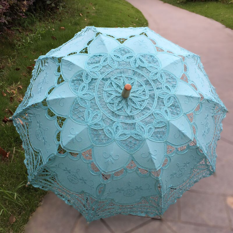 Forest Wedding Party Decoration Bride Photo Shoot Prop Handmade Battenburg Lace Parasol Bride Party Sun Umbrella: Turquoise blue