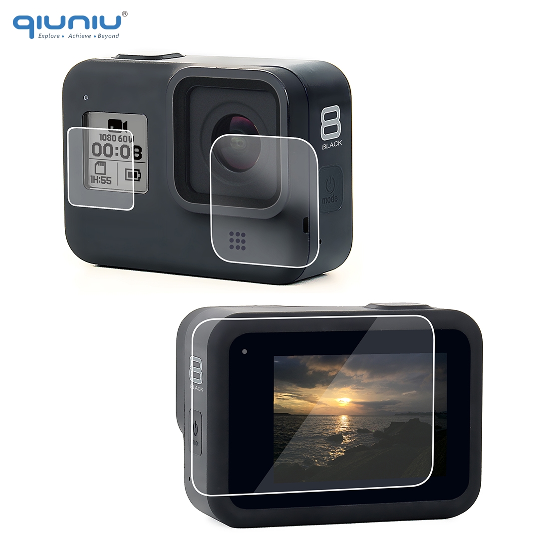 QIUNIU Ultradunne HD LCD + Front Screen Protector + Lens Scherm Beschermende Film voor GoPro Hero 8 Zwart Camera Go pro 8 Accessoire