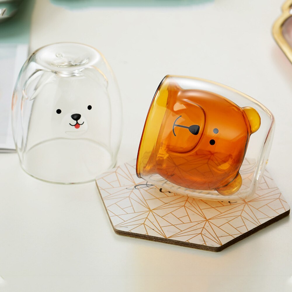 Tasse en verre Double transparente, motif ours mignon, pour café, boisson au lait, pour Couple