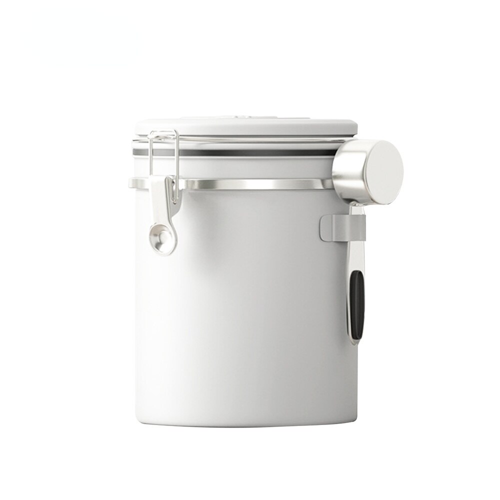 Coffee bean sealed tank 304 stainless steel exhaust valve sealed storage tank with spoon dried fruit preservation tank: white / 1.8L
