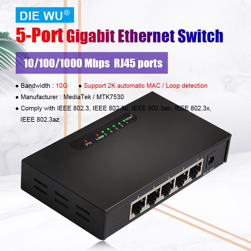 TXE042 Ethernet Switch, 5 Port Gigabit Unmanaged Metalen/Plastic Plug En Play Compact Met Loop Waarschuwing Ondersteuning 5-20V Input