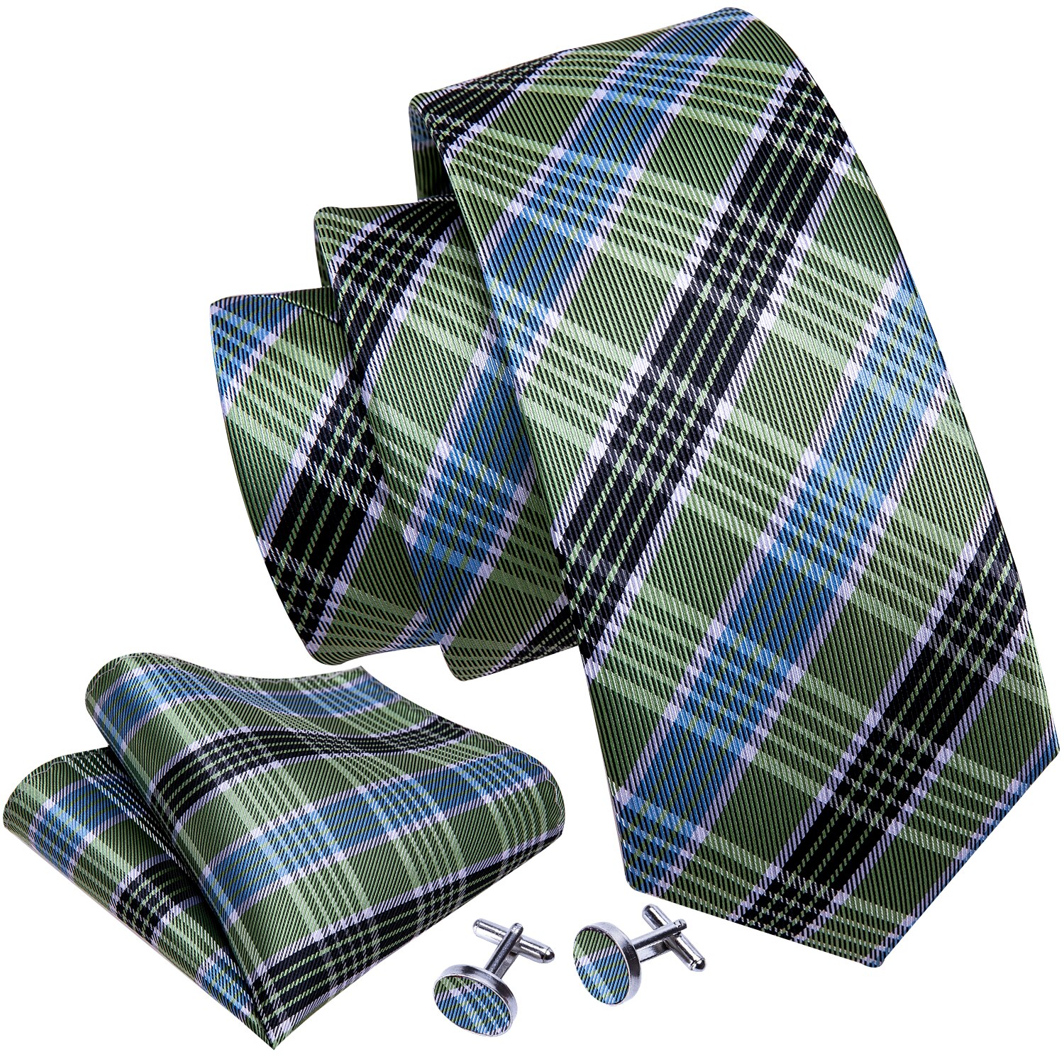 Luxury Green Plaid 100% Silk Tie For Men Suit Wedding Tie Barry.Wang NeckTies Hanky Sets Business LN-5327