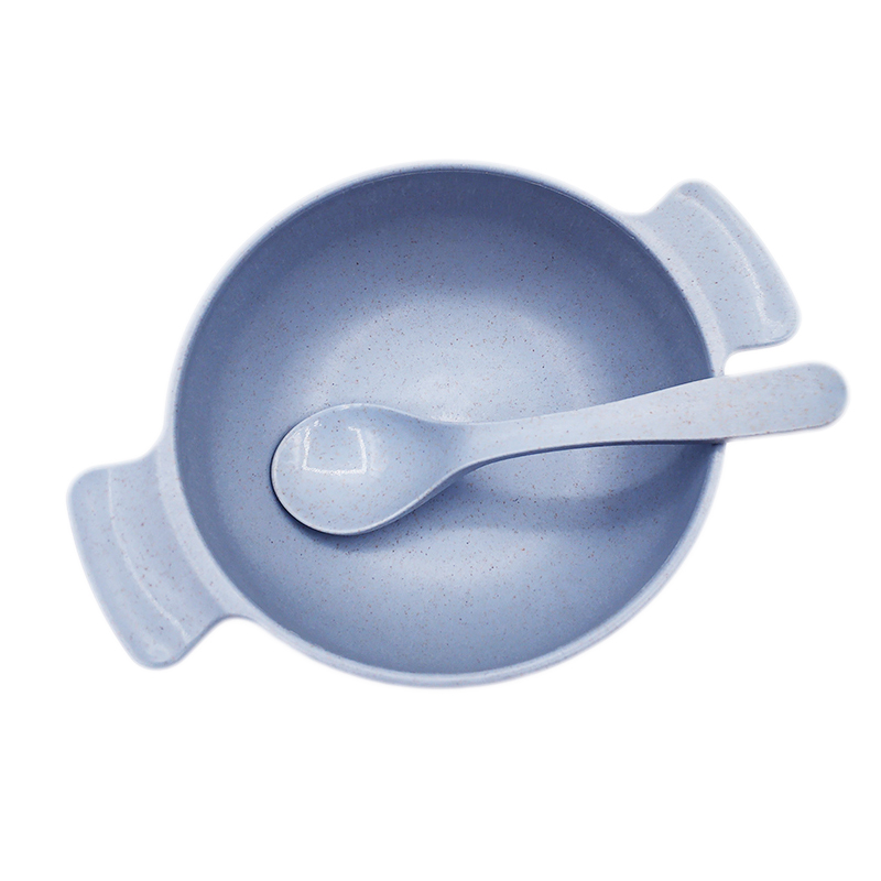2pcs Baby Feeding Tableware Set Eco-Friendly Wheat Straw Infant Plate Children Dish Dinnerware Kids Anti Training Bowl+Spoon: Blue