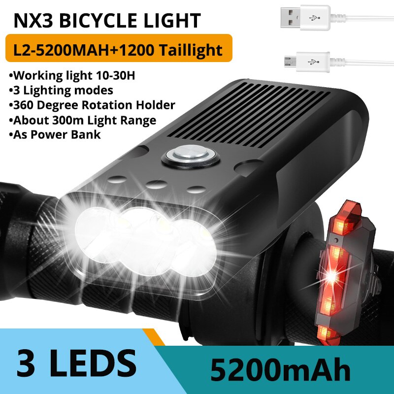 TRLIFE-Luz LED impermeable para bicicleta, linterna de 10000 lúmenes y faro como banco de energía, recargable por USB, 8 LED, 7000 mAh: 3LEDS-5200MAH