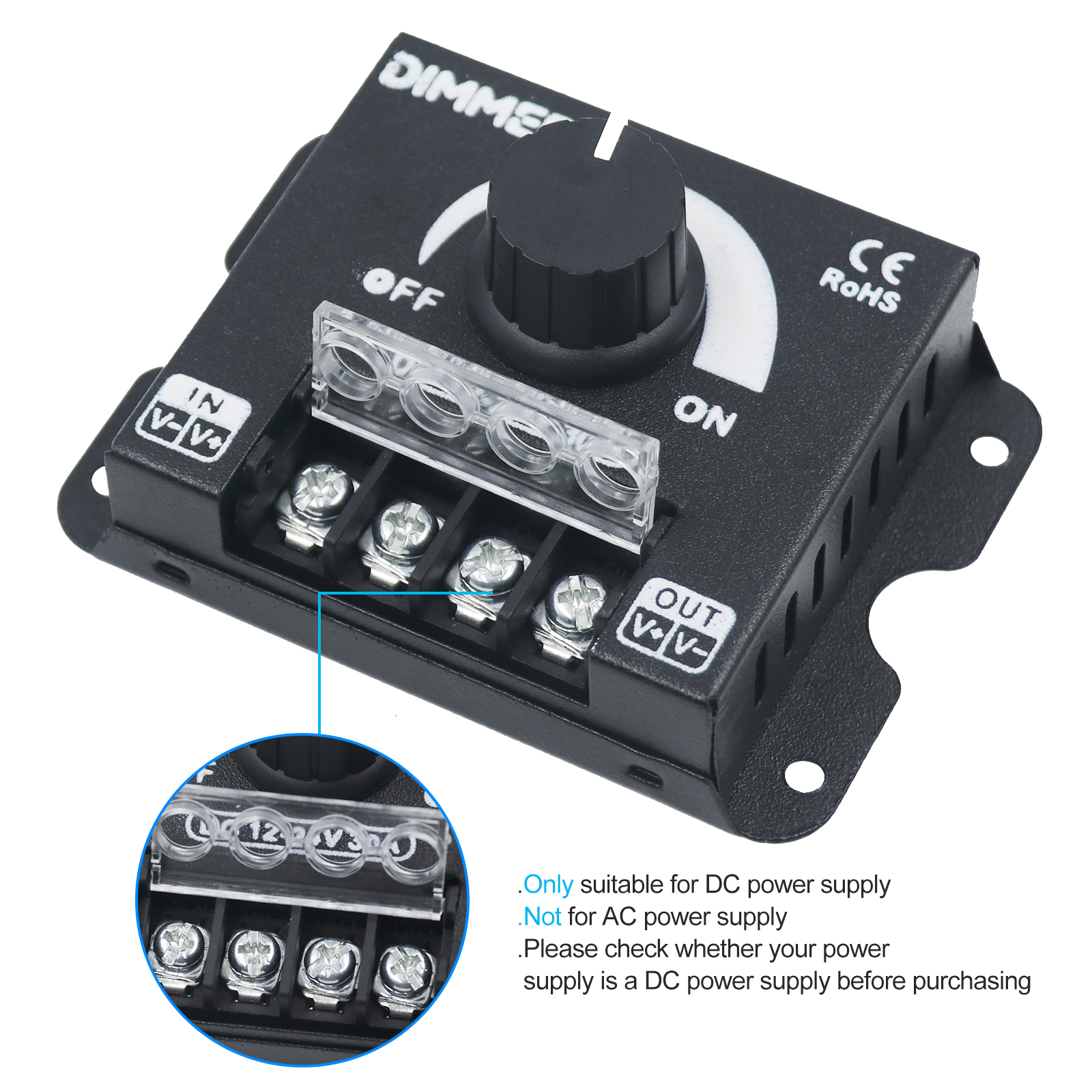 30A LED-Dimmer-Controller DC12-24V für LED-Einfarb-Beleuchtungsschnurstreifen 360 W manuelles Dimmen mit 3-Tasten-RF-Funkfernbedienung