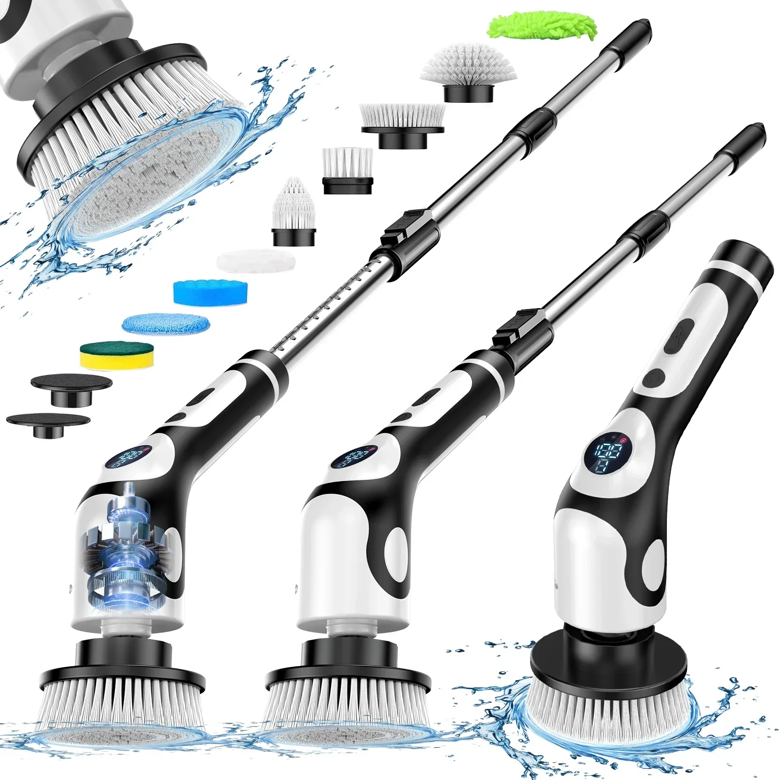 11 in 1 Electric Spin Scrubber Cordless Cleaning Brush with 9 Replaceable Brush Heads for Bathroom Shower Bathtub Glass Car: Silver