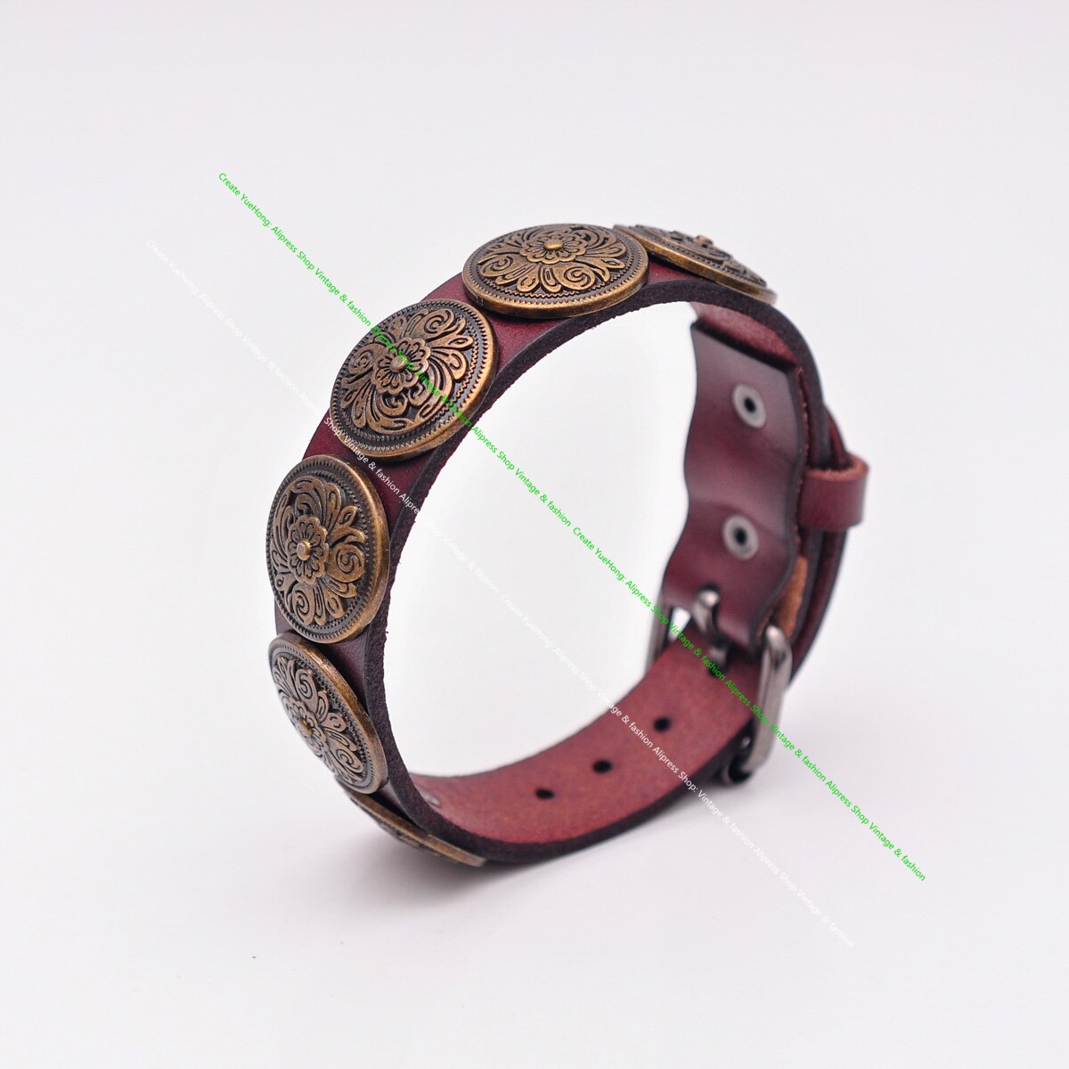 Antike Durcheinander Südwesten Blumen- Concho Besetzt Leathercraft Gemüse bräunen Braun Leder Armbinde Armbinde Manschette Armreif