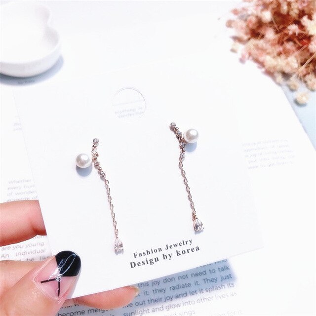 Women Korean TV Star Zircon Cute Simulation Pearl Earrings Rhinestone Long Line Pendientes Jewelry: J rose gold color