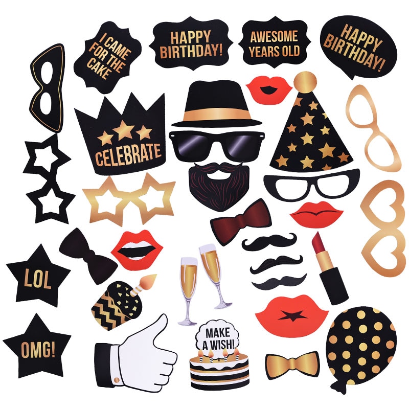 34pcs/set Birthday Photo Booth Props 18 21 30 40 50 Beard Glasses Lipstick Cake Props for Birthday Party Decoration
