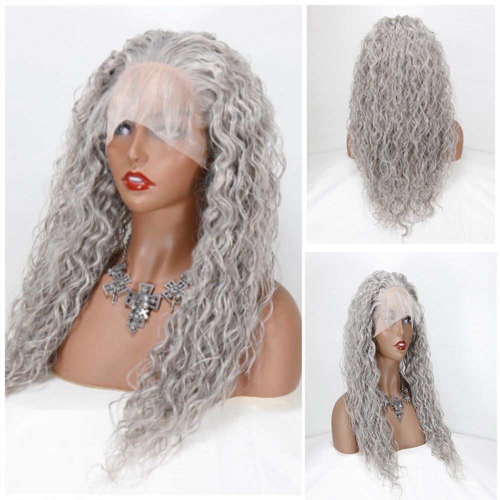 Loose Curly Gray Heat Resistant Fiber Silver Grey Synthetic Lace Front Wig For Women Replacement Wig With Baby Hair
