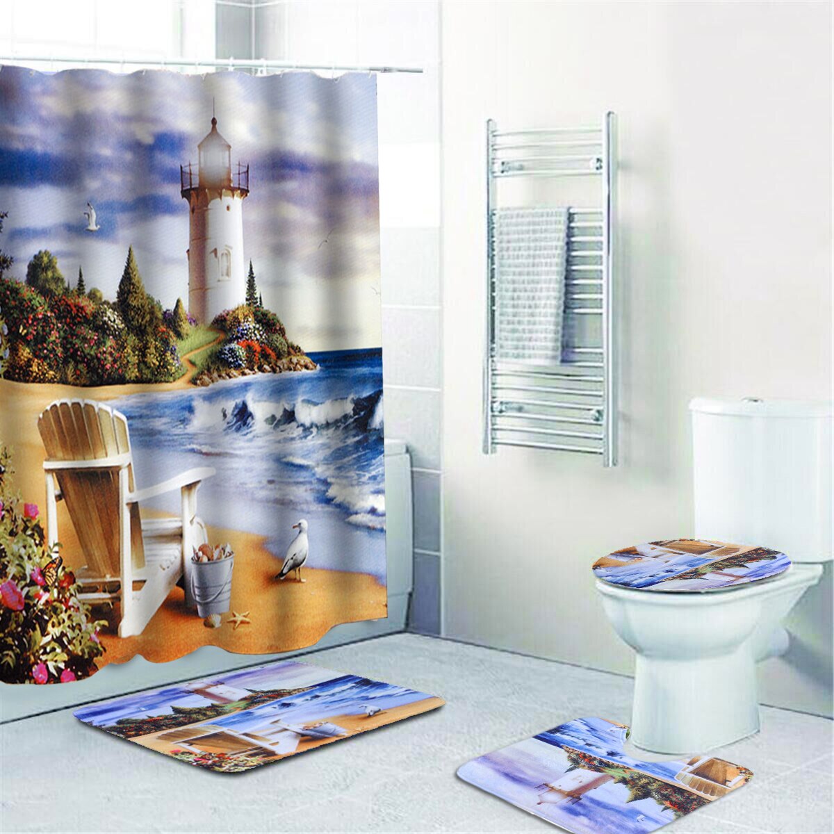 Coastal Strand Landschap Gedrukt Patroon Douchegordijn Voetstuk Tapijt Deksel Wc Cover Mat Badmat Set Badkamer Gordijnen Met Haken: C 4PCS