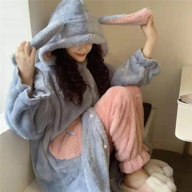 Túnicas de franela con capucha para mujer, ropa cálida y suave con bolsillos en forma de corazón, color rosa, de terciopelo, gruesa, Kawaii, para el hogar, estudiantes de estilo coreano diario: blue / S