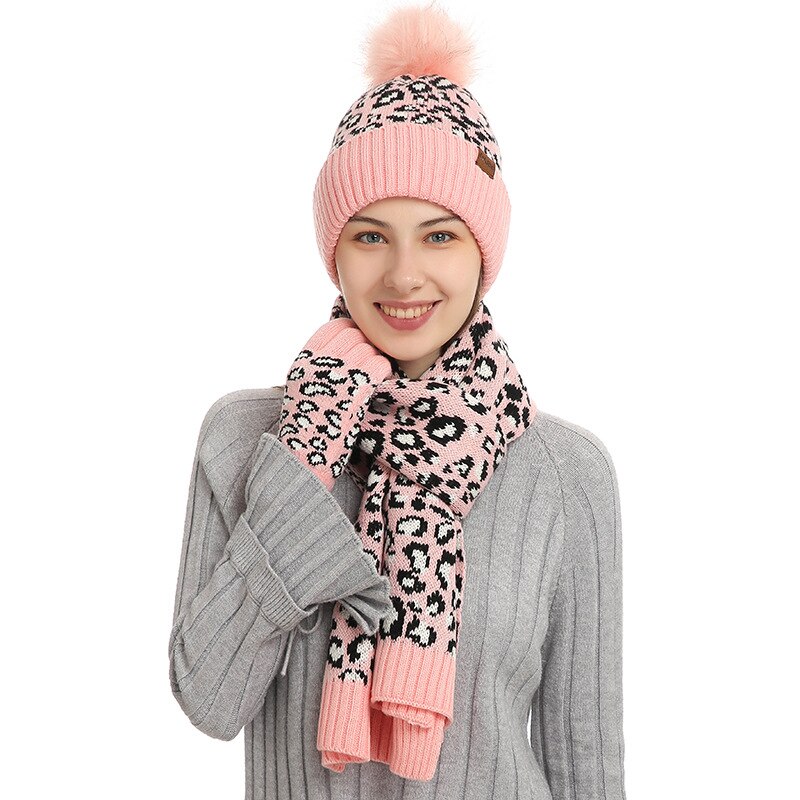 Driedelige Vrouwen Handschoen Gebreide Hoeden Sjaal Handschoenen Set Hoed Pompon Winter Warm Mitten Cap Beanie Sets Caps mode Zachte Herfst: pink