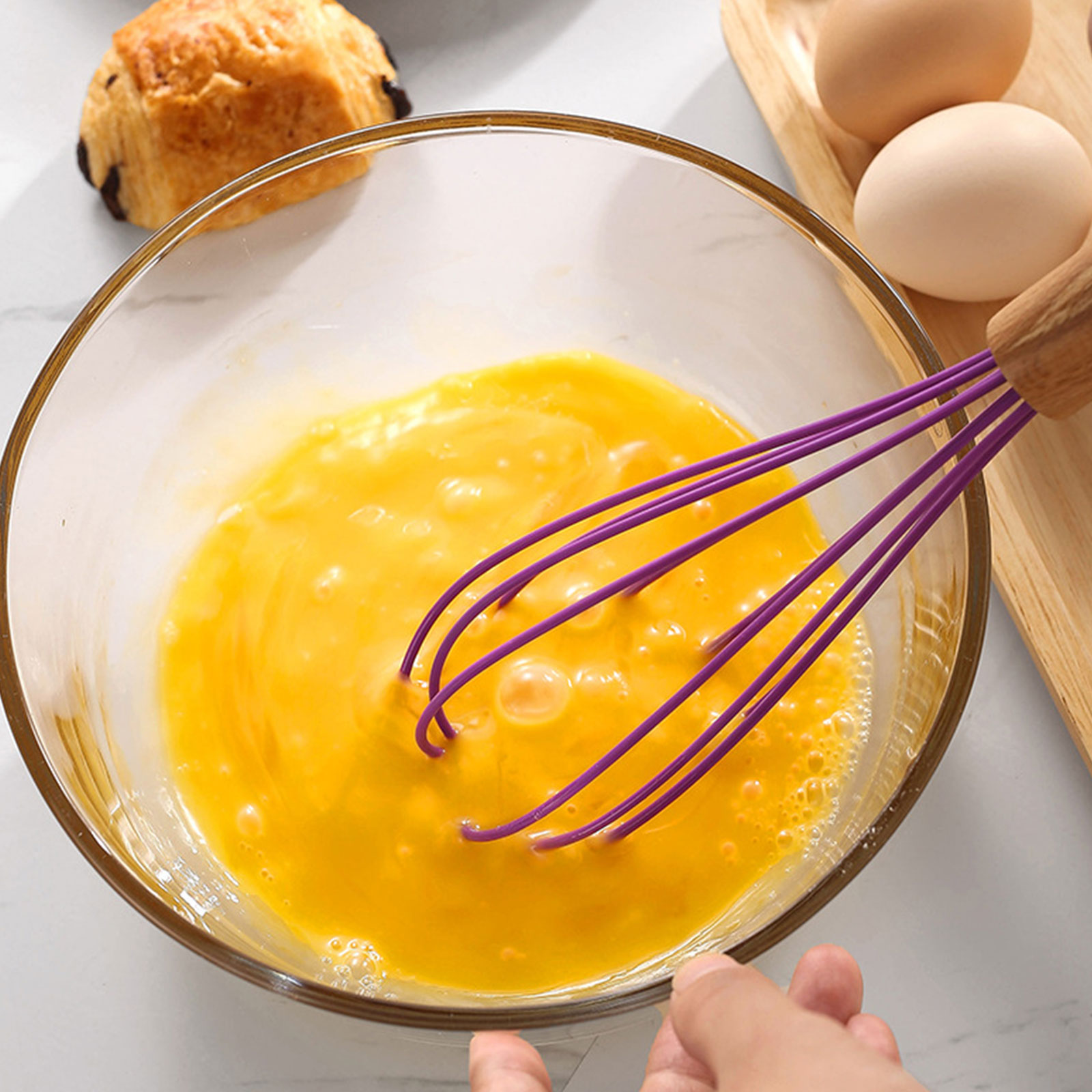 Silicone Whisk Non-Slip Easy Clean Egg Beater Milk Frother Kitchen Utensil Wooden Handle Egg Beater Tool