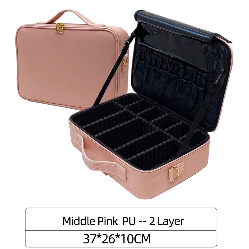 Leather Clapboard Cosmetic Bag Make Up Box Large Capacity Storage Handbag Travel Insert Toiletry Makeup suitcase: M Pink PU 2layer