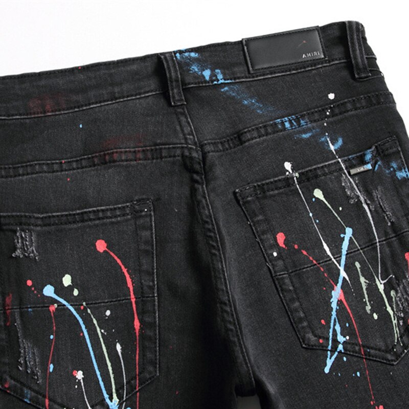 Men&#39;s Jeans Ripped Spray-Painted Black Stretch Pants Drill High Street Casual Pants Autumn Hip-hop Clothing