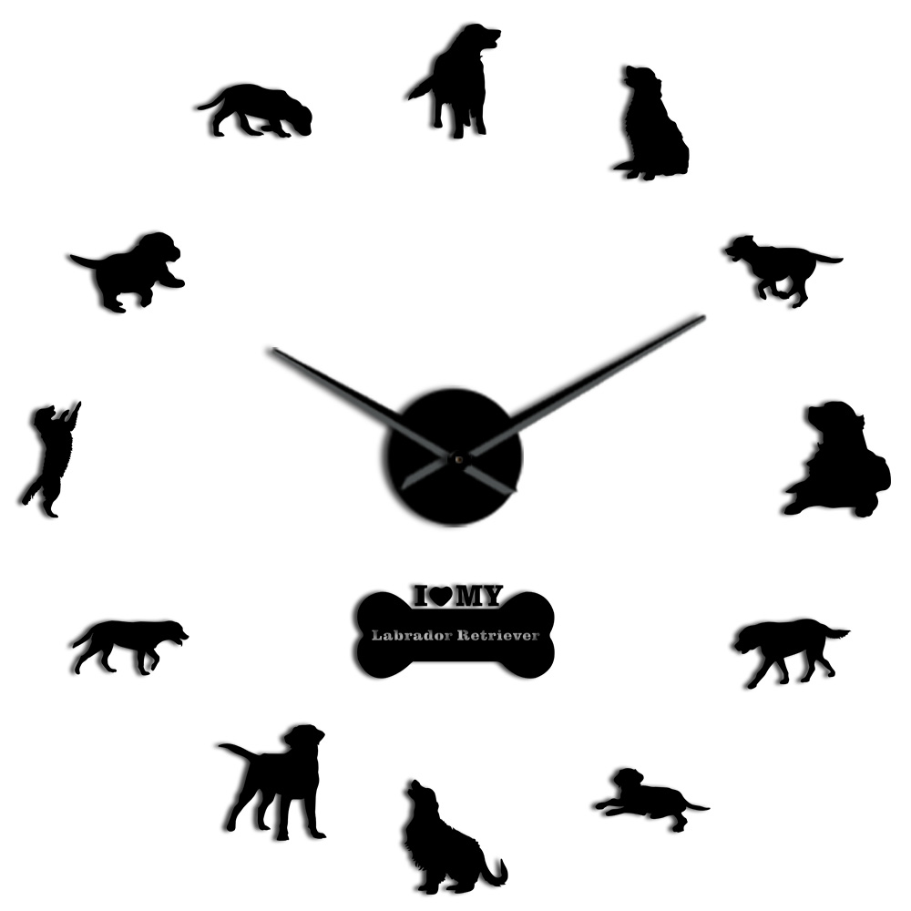 The Labrador Retriever Large Frameless Silent Wall Clock Dog Breed DIY Wall Art With Mirror Acylic Sticker Mirror Effect Sticker: Black / 37 Inch