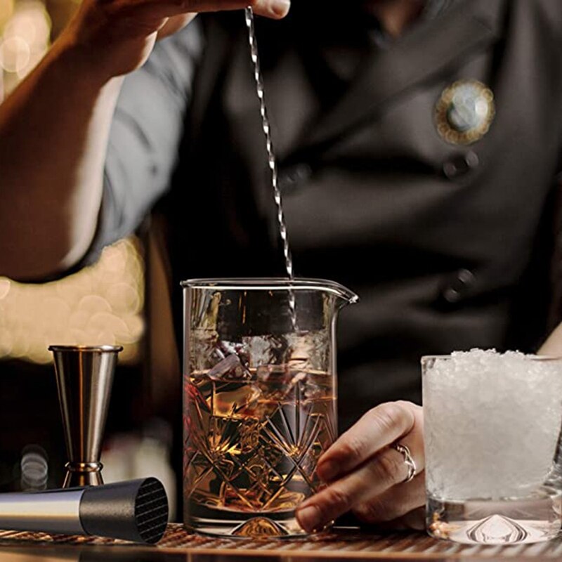 Crystal Cocktail Mixing Glass Set - 5 Piece - 450Ml Thick Bottom Crystal Mixing Glass, Spoon, Jigger, Strainer & Muddler