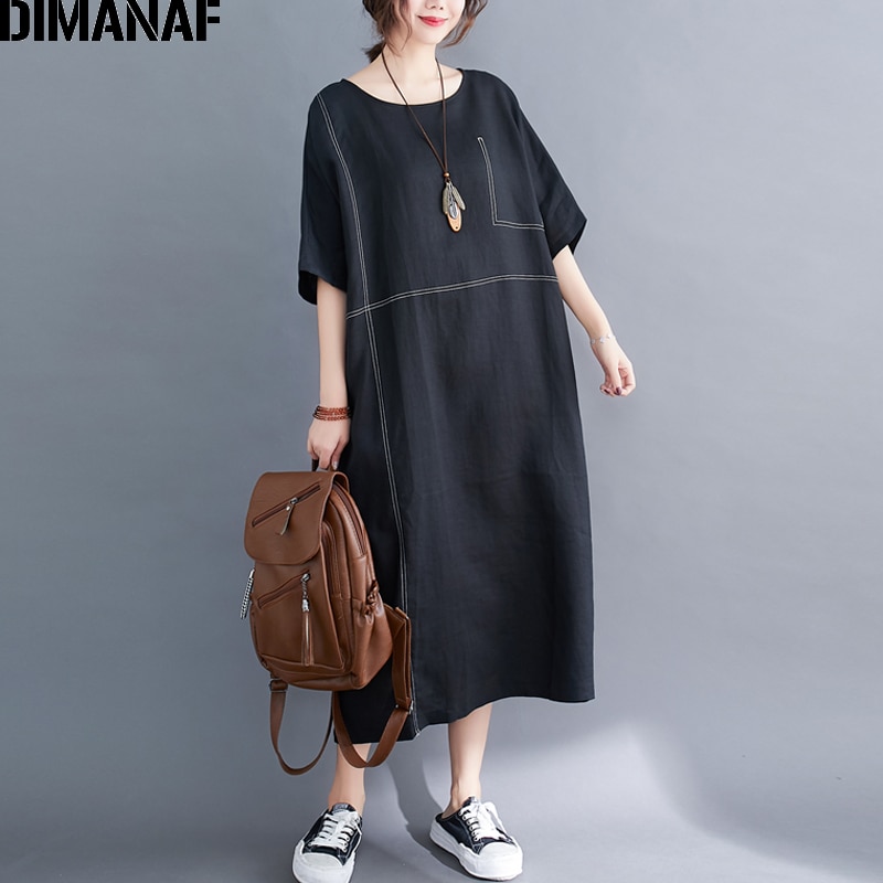 DIMANAF-vestido holgado informal de lino y algodón para verano, traje holgado para mujer en tallas grandes, color negro,