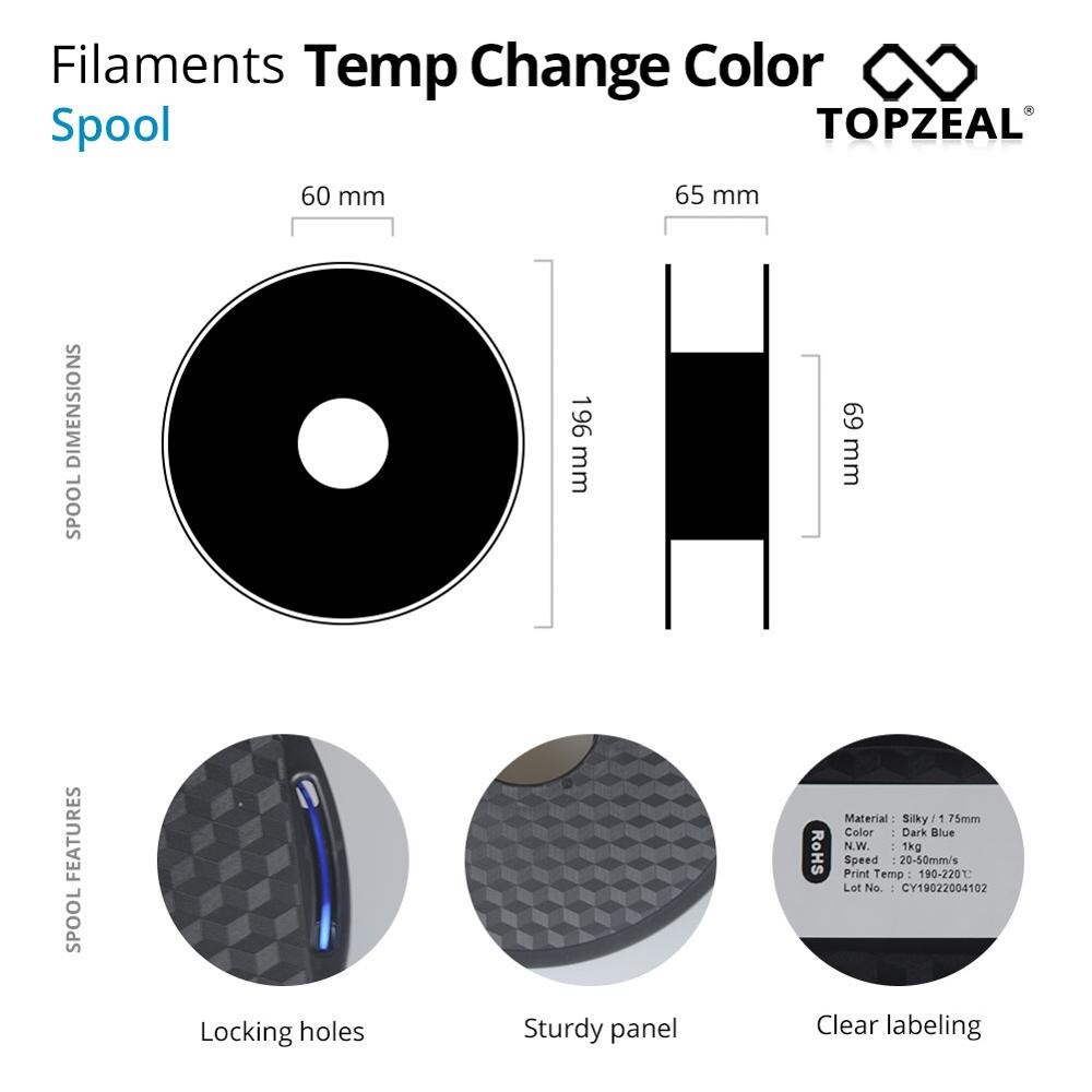 Filament de couleur de changement de température PLA de l'imprimante 3D TOPZEAL, précision dimensionnelle +/-0.05, bobine de 1 KG, 1.75mm, Orange à jaune