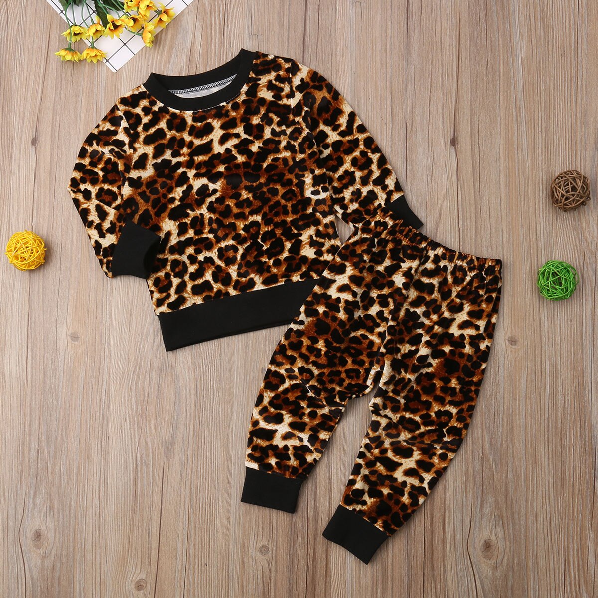 Toddler børn sport leopard tøj sæt baby piger fløjl top sweatshirt bukser tøj tøj