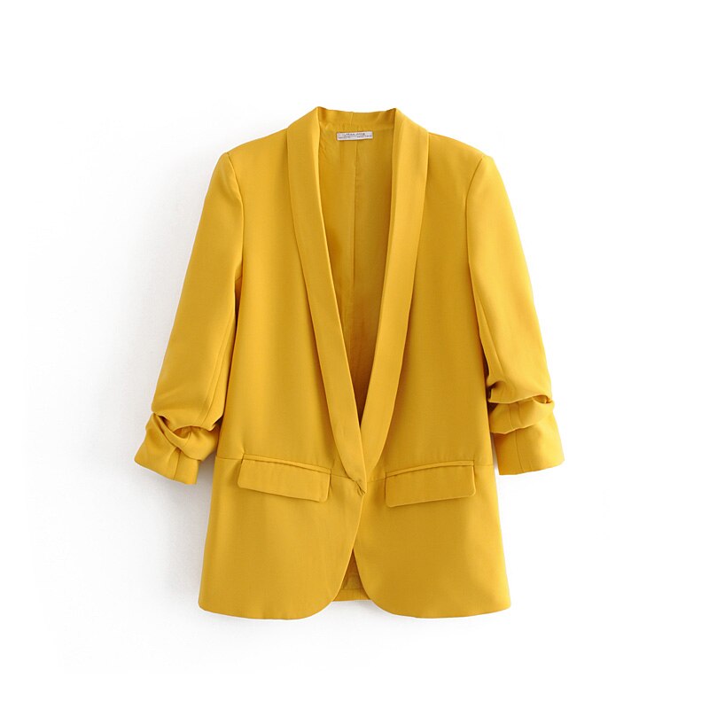lässig frauen elegante Blazer damen geraffte hülse Blazer jacke Jahrgang weibliche streetwear anzüge mädchen schick anzug: Gelb / S
