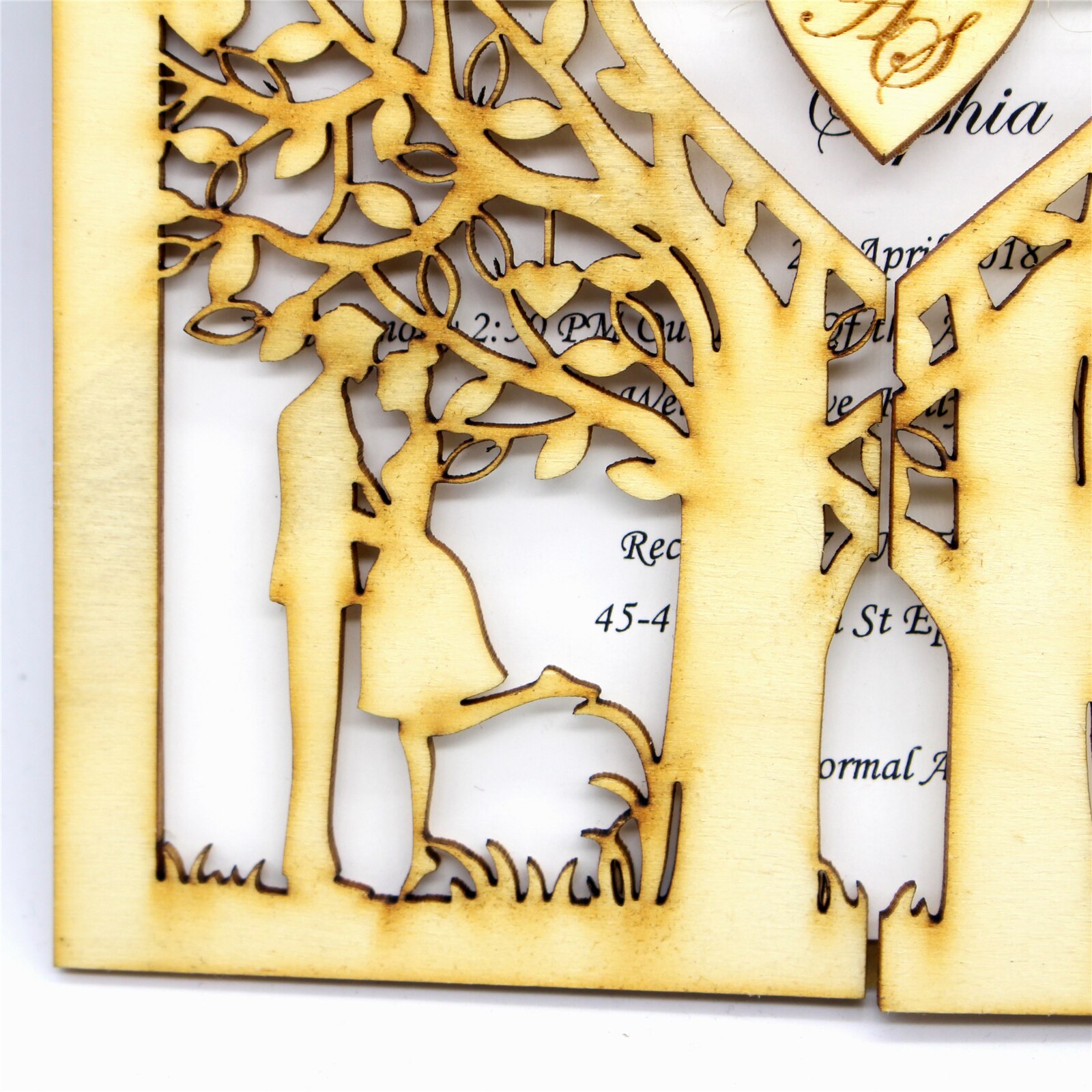 10 styks rustik bryllupsinvitation, træinvitation, papirinvitation, udskåret træ, livets træ, graveret hjerte, monogram