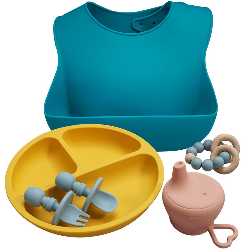 BPA FREI Lebensmittel Klasse Baby Silikon Geschirr Lätzchen Gabel Löffel Gerichte Platte Schüssel Wasserdicht Tragbaren Abendessen einstellen für Art freundlicher: 016-gemischt