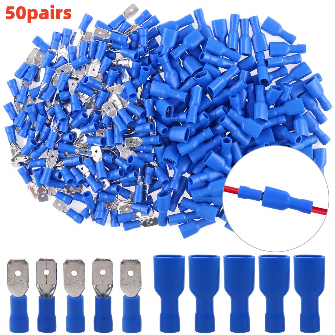 Connecteurs à bêche femelle et mâle, connecteurs à déconnexion rapide, fil à bêche isolé, borne de sertissage, 16-14 AWG, 100 pièces, 50 paires