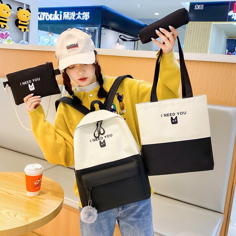 4 Pcs/set School Bags for Teenage Girls Anti Theft Travel Backpack Laptop Bagpack Rucksack Women College Student Backbag Mochila