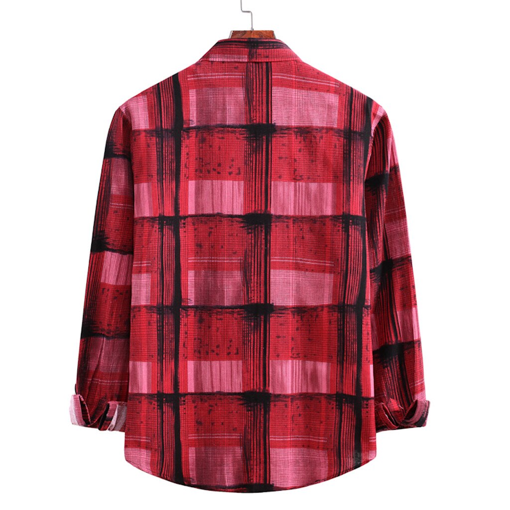 Casual camisa masculina camisa de manga comprida camisa de lapela de impressão xadrez camisa de manga comprida masculina marca baggy camisa casual chemise homme