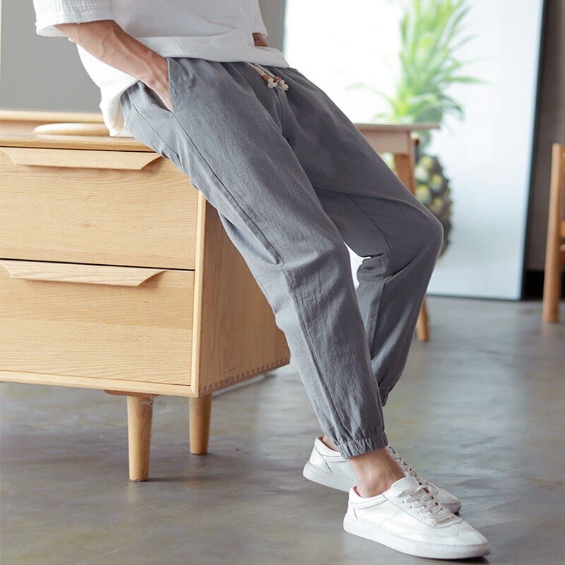 Bomull linne joggingbyxor svarta herr haremsbyxor harajuku fitness snörning vår herr byxor sommar streetwear kläder hane: Asiatisk storlek xxl / Mörkgrå