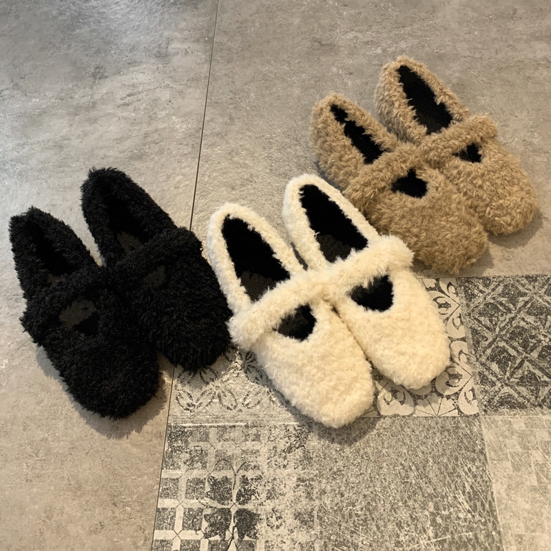 Hook & loop fritidsskor kvinna vårbaletter plattor slip on dam skor varm plysch päls lägenheter dam loafers