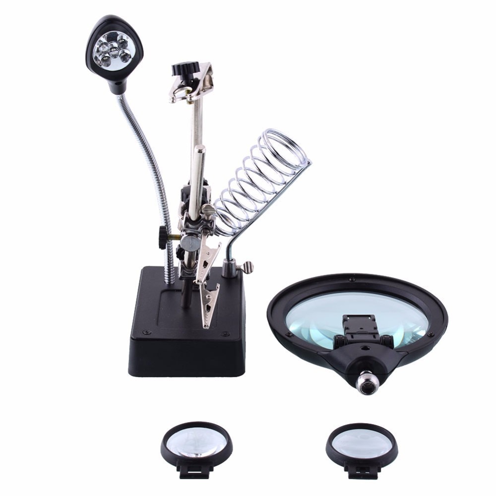 Welding Magnifying Glass Clamp 5 LED Auxiliary Clip Magnifier Hand Soldering Solder Iron Stand Holder Station