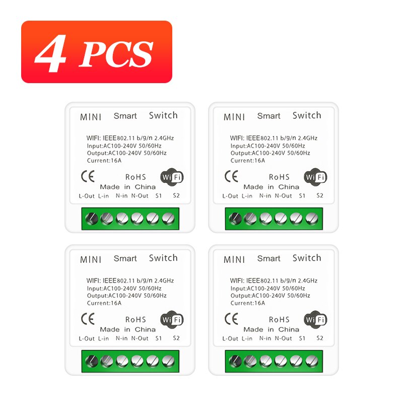 16A MINI Wifi Smart Switch 2-way Control Timer Wireless DIY Switch Smart Home Voice Control Works With Tuya Alexa Google Home: 4pcs