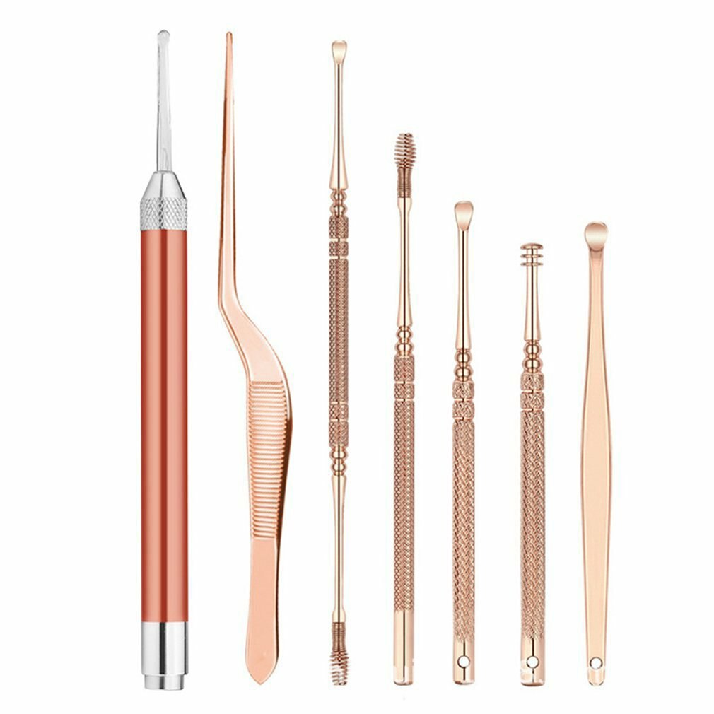 7pcs/set Stainless Steel Luminous Ear Spoon Earwax Tweezers Nose Care Led Earspoon Tool Set For Children Kids