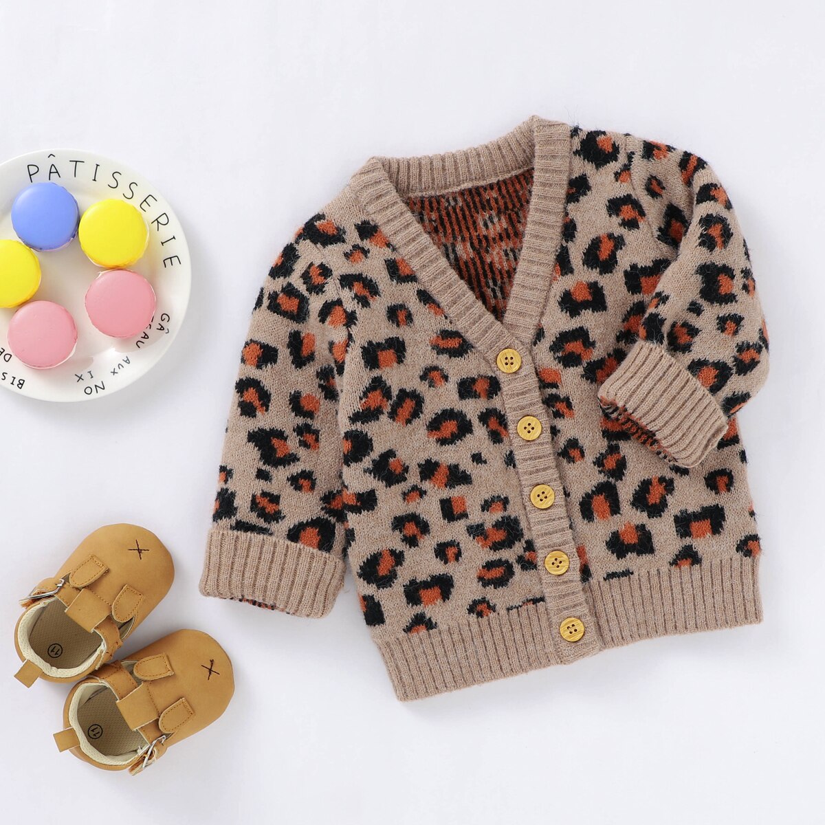 Autumn Winter 0-24M Leopard Print Baby Girls Sweater Coat Long Sleeve V-Neck Button-up Casual Cardigan