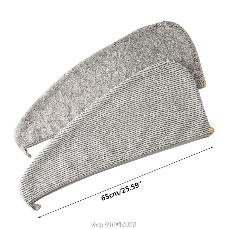 Bambus mikrofiber hår håndklæde wrap grå stribet hurtigtørrende brusebad turban hue med knapabsorberende anti-frizz  n16 20