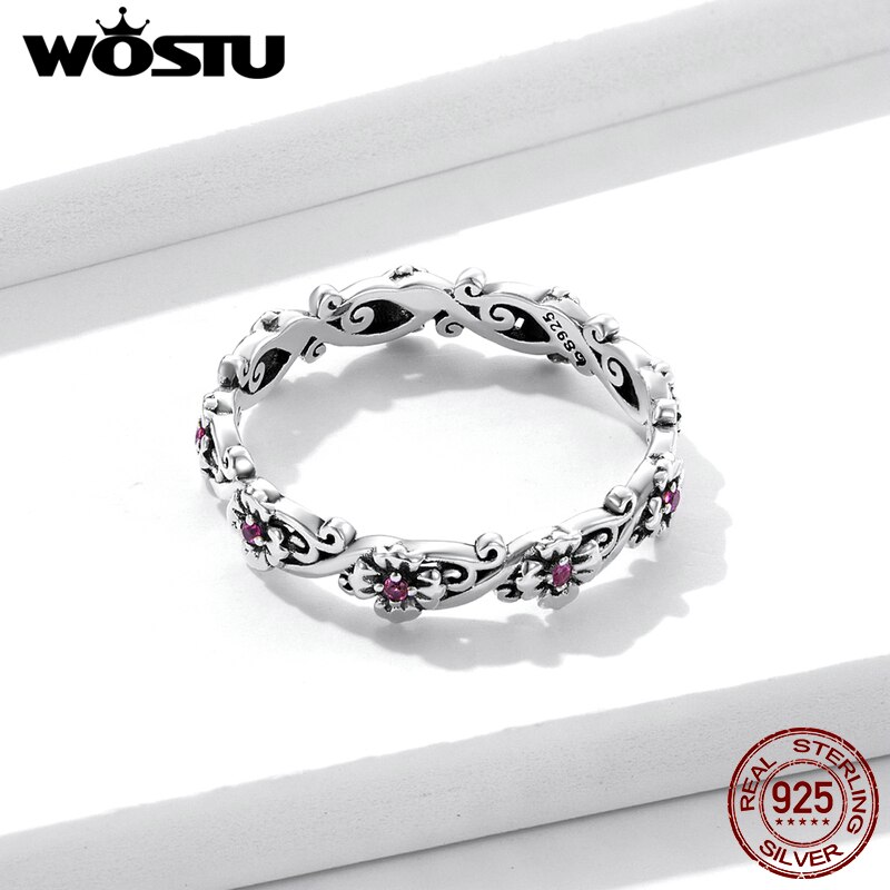WOSTU 925 Sterling Sliver rozmiar Vintage wytłaczany wzór Rose Red Flower cyrkon pierścienie dla kobiet kobieta oryginalna biżuteria CTR235
