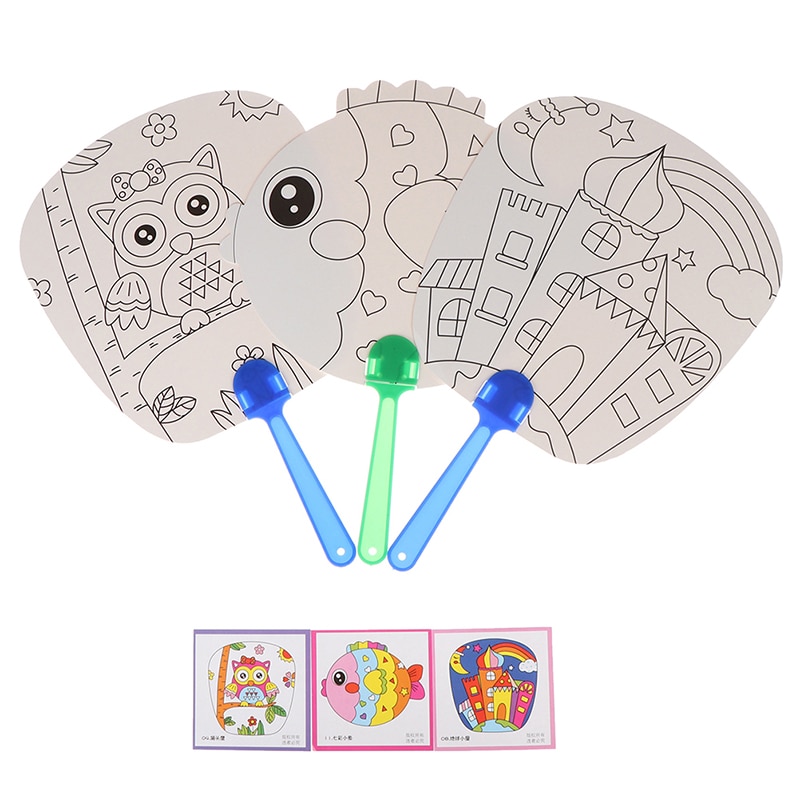 Ventilador de mano para colorear DIY, abanico de mano de dibujos animados para niños, Material de artesanía de Arte de papel para guardería, juguete de dibujo en preescolar, para niños
