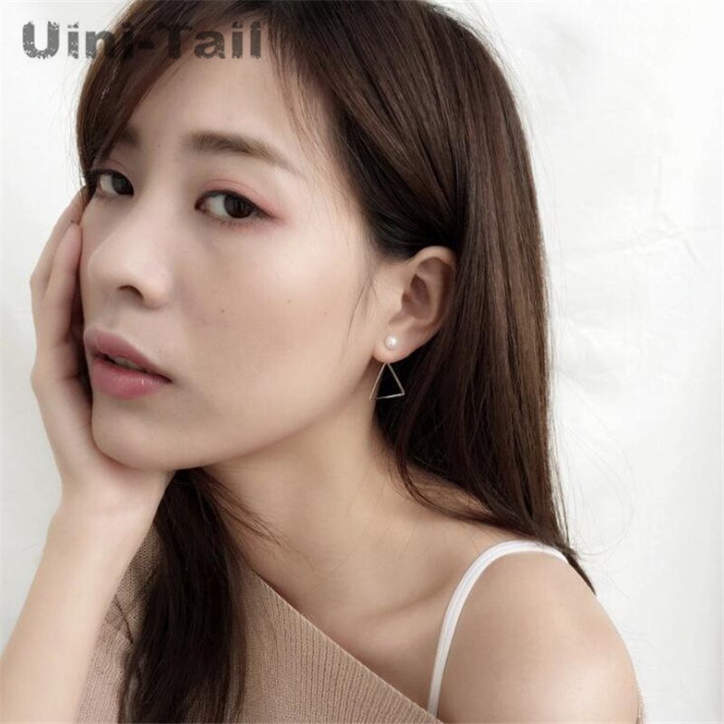Uini-cauda novo 925 prata esterlina coreano pérola triângulo brincos de dupla utilização brincos geométricos personalidade temperamento gn275