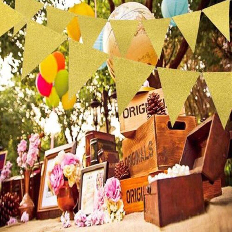 Mini Gold Sliver Pink Flag Banner Garland DIY Glitter Bunting Paper Banner For Home Event Party Wedding Decor Party Supplies