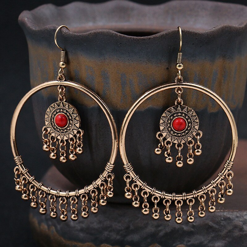 Classic Women&#39;s Gypsy Gold Round Wedding Earrings Tibetan Jewelry Ladies Retro Tassel Indian Jhumka Earrings: Style 1