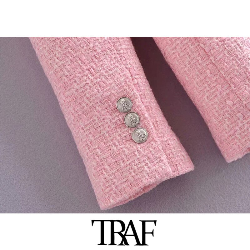 TRAF Women Double Breasted Tweed Check Blazer Coat Vintage Long Sleeve Pockets Female Outerwear Chic Veste