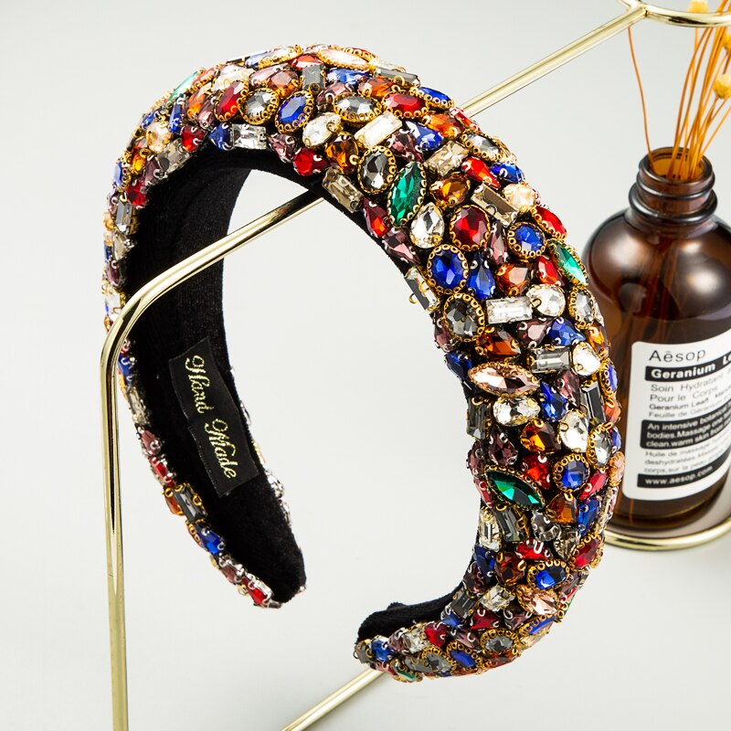 Prachtige Catwalk Kleurrijke Crystal Brede Hoofdband Voor Vrouw Overdreven Geometrische Rhonestone Spons Haarband Vrouw Party Hoofddeksel