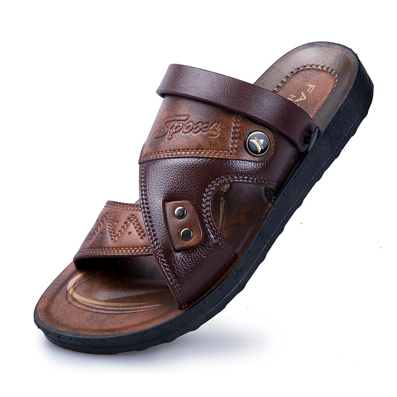 Men shoes Slipper Men Rome Flip Flop Leather Beach Button Casual Comfortable T-Strap Open Men Slipper Leather Outdoor Print 44: Chocolate / 11