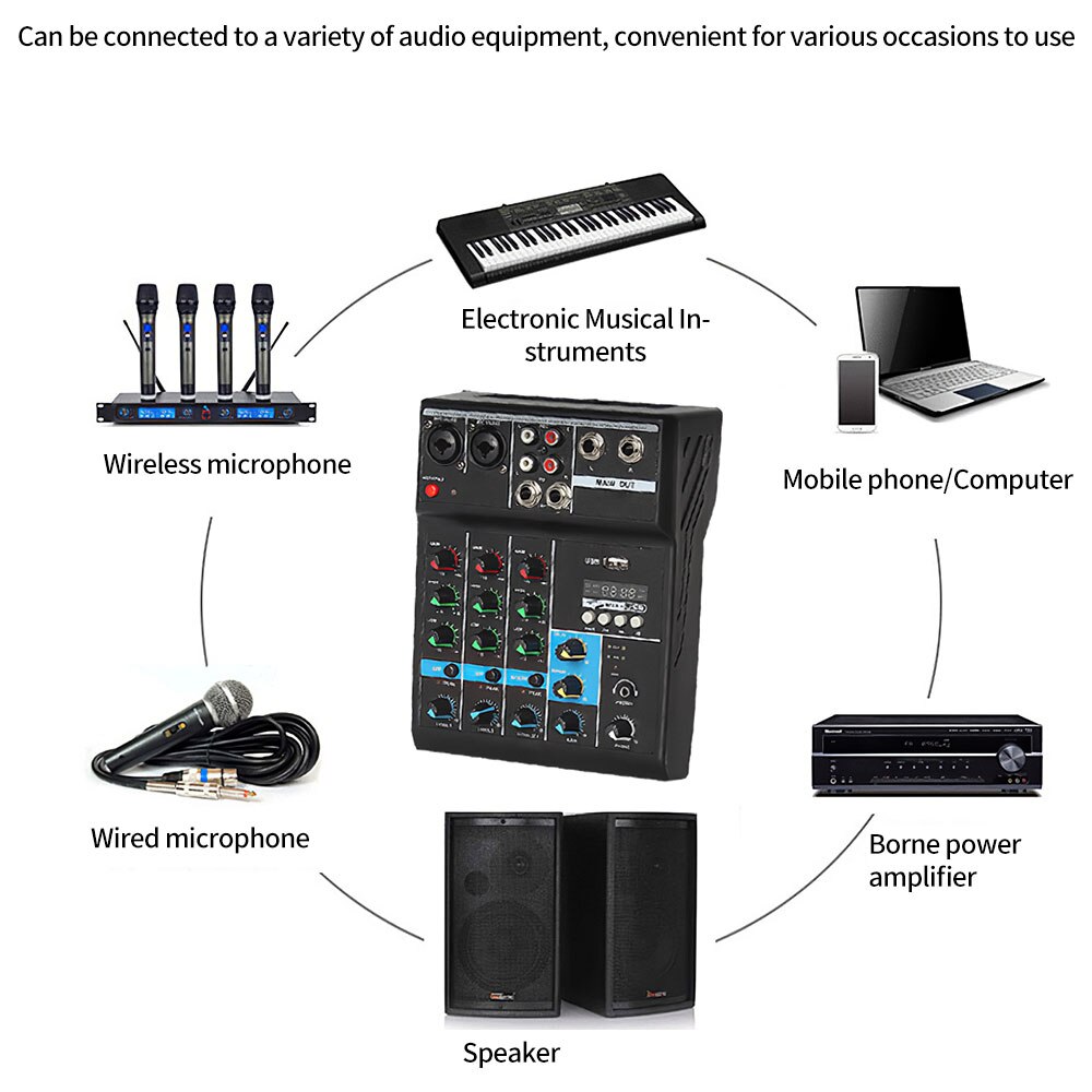 Computer Sound Card Bluetooth Sound Mixing Console for Karaoke Sound Effects Audio Mixer 4-way Home Live Recording