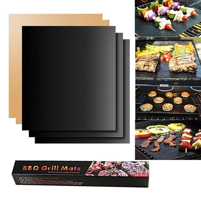 Plaque de cuisson réutilisable de plaque de cuisson de Barbecue de coussin de gril de BBQ antiadhésif de Ptfe 40x33cm pour des outils de tapis de gril de partie accessoires noirs d'or